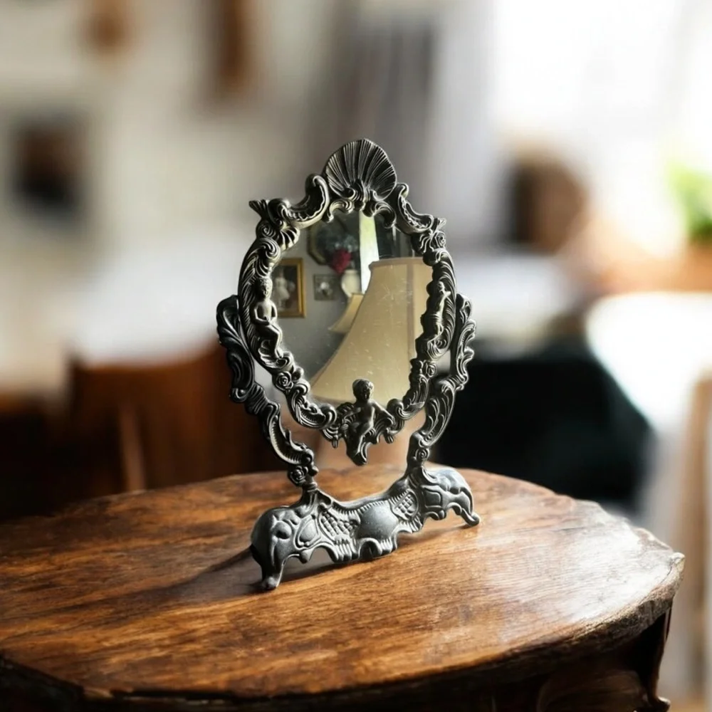 Vintage Ornate silver plated cherubs Tabletop Mirror